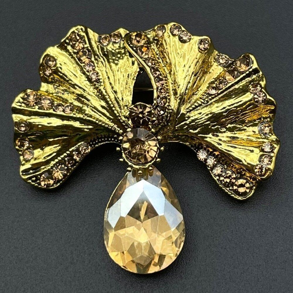 Yellow Gold with Champagne Topaz Crystal Gingko Flower Plant Pin Back Brooch